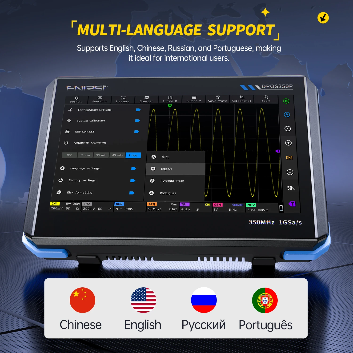 FNIRSI DPOS350P Frequency Response Analyzer Four In One Flat Oscilloscope 2-Channel 350MHz Signal Generator 50MHz Spectrum digital oscilloscope signal generator