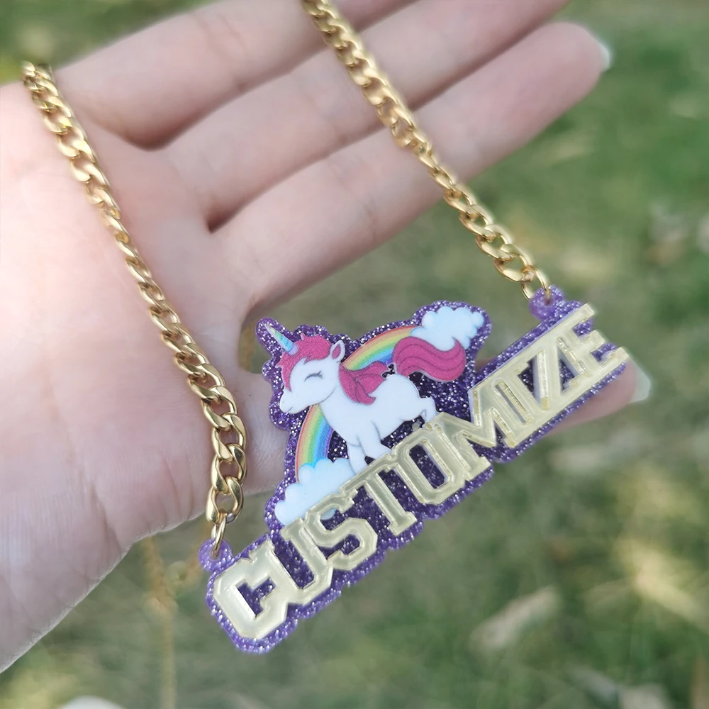 Xinnee Custom Cartoon Animal Character Unicorn Necklace Acrylic Custom Letter Name Pendant Anime Pet Short Necklace