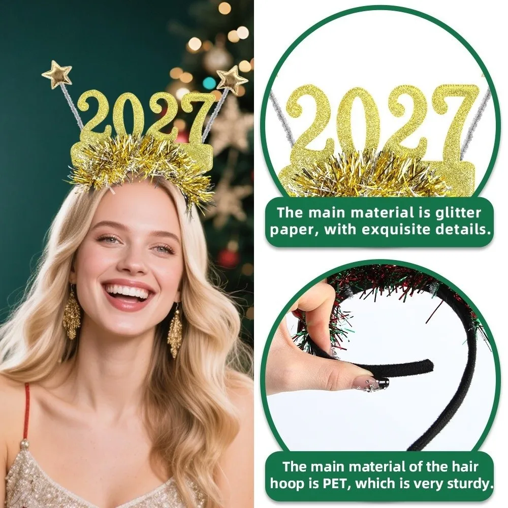 2027 New Years Eve Headband & Party Glasses Sequin 2027 Happy New Year Headband Cute Creative Glitter Hair Hoop Photo Prop Colorful Christmas Headpiece Party Decoration 4