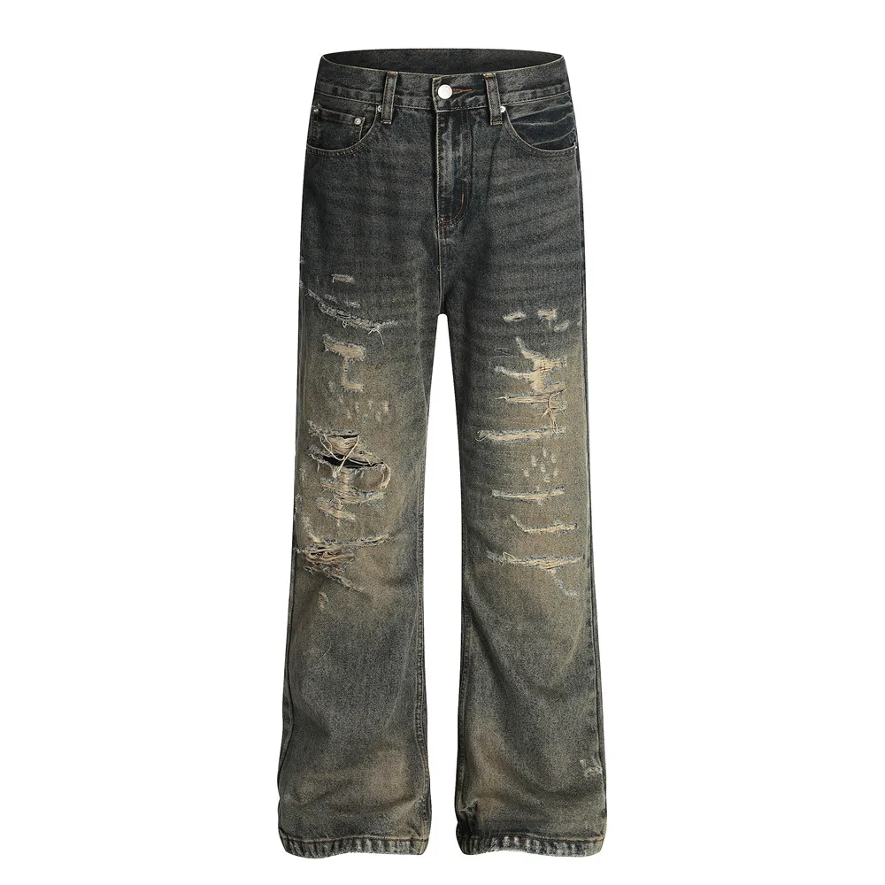 Ripped Jeans Mens Retro High Street Washed Distressed Straight Baggy Wide Leg Beggar Denim Pants  Men