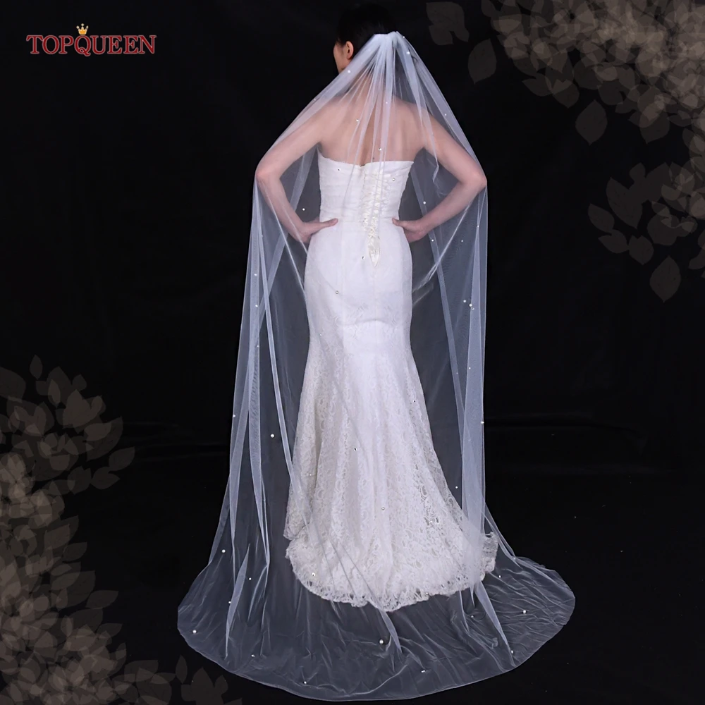 TOPQUEEN V109 Sparkling Rhinestone Pearl Veil 3M Long Tulle Cathedral Wedding Accessories Ivory Bridal Veil cathedral bridal shoulder veil white ivory wedding accessories rhinestone appliques tulle long cape cloak shawl veil