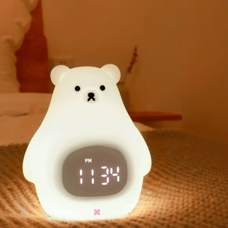 Cartoon Alarm Clock Kids Led Night Light Electronic Watch  Snooze Silicone Touch Bedside Bear Lamp for Children Baby