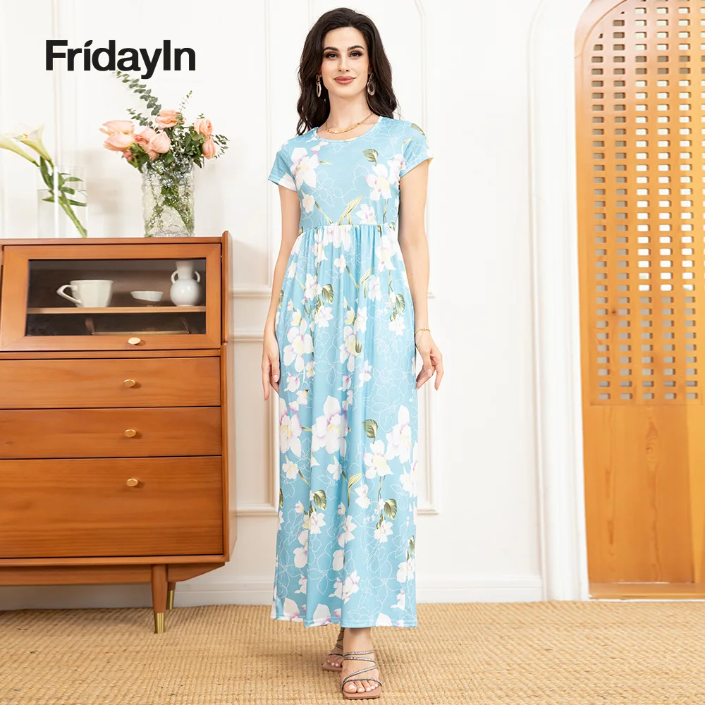 

FridayIn Sweet Round neck Color contrast Printing Wrinkle Regular sleeve Long Dresses