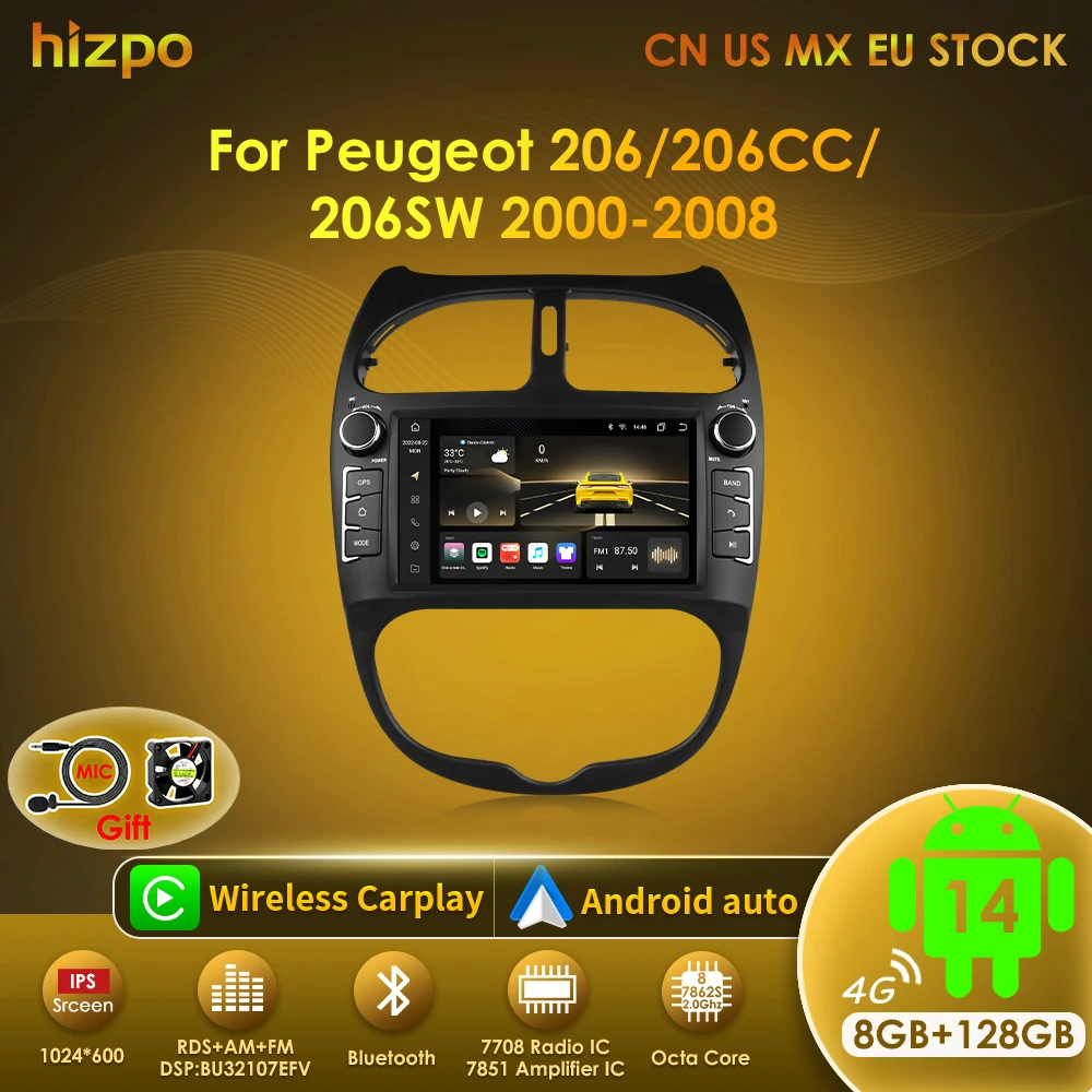 Radio de coche Hizpo 7862 2din con Android 14 para PEUGEOT 206 206CC 206SW 2000-2008, reproductor multimedia para automóvil, GPS, autoradio, Carplay, navegador. 1
