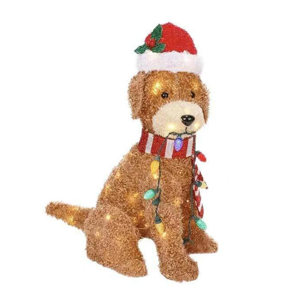 Christmas Lighted Goldendoodle Decor Waterproof LED Dog Figure Ornaments Wearing Xmas Hat for Home Garden Front Pathway Walkway