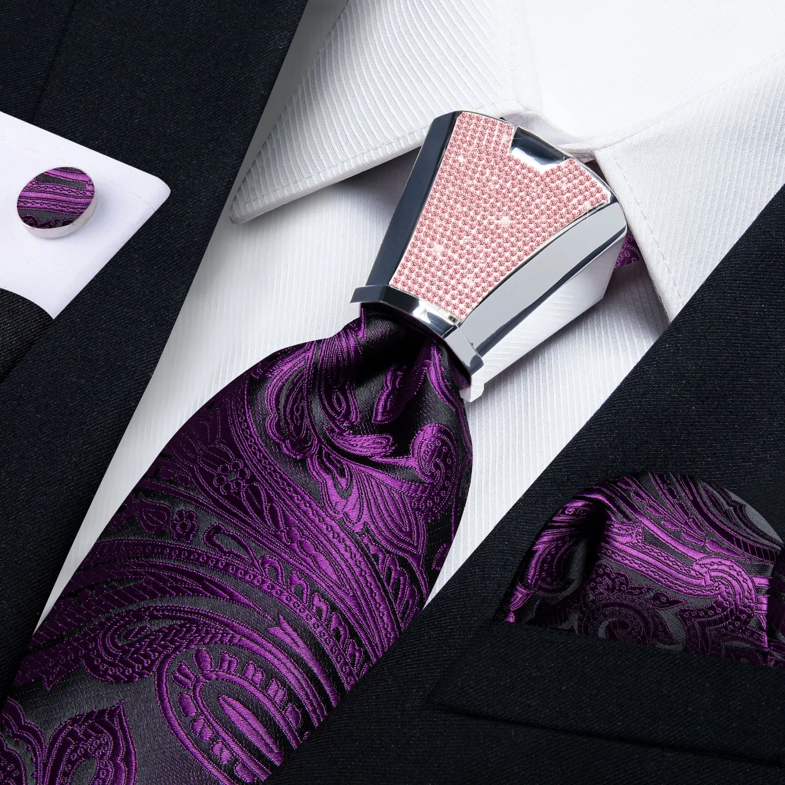 

Luxury Paisley Purple Solid Neck Tie Set Handkerchief Cufflinks Designer Tie Buckle With Diamond Men Accessories Corbatas Gift