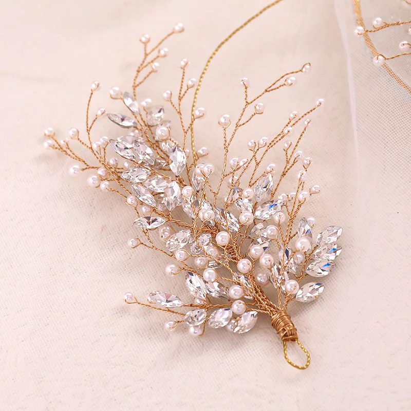 Hand Weave Pearl Headdress Copper Wire Rhinestone Bride Wedding Accessories Hair Band