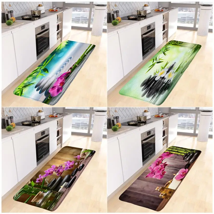 Zen Green Bamboo Kitchen Mats Viola Orchid Black Stone Candle Spa Scenery Home Decor Room Tappeto Lungo Tappeto Antiscivolo Tappetino Da Bagno