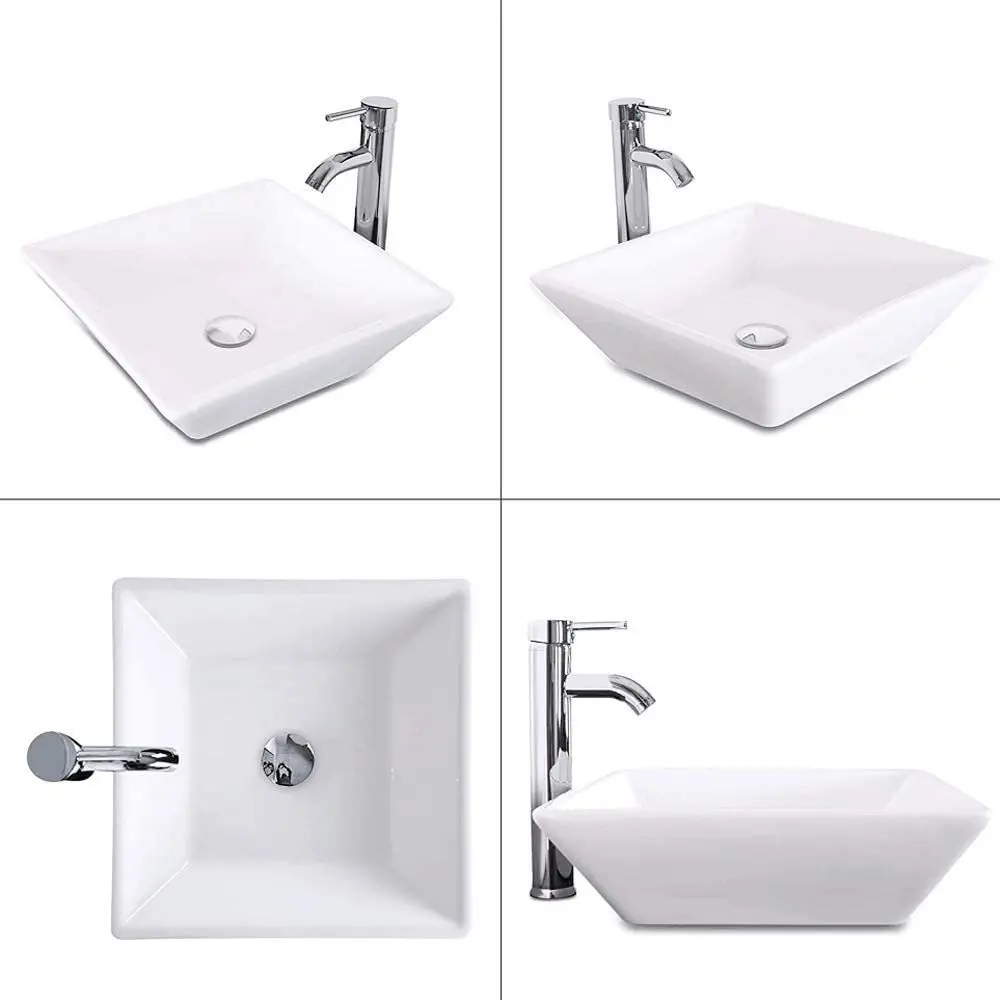 16.5" Square Bathroom Vessel Sink White Porcelain Counter Bowl for Bathroom Vanity Vessel Sink Rectangle Bathroom Modern Above 6