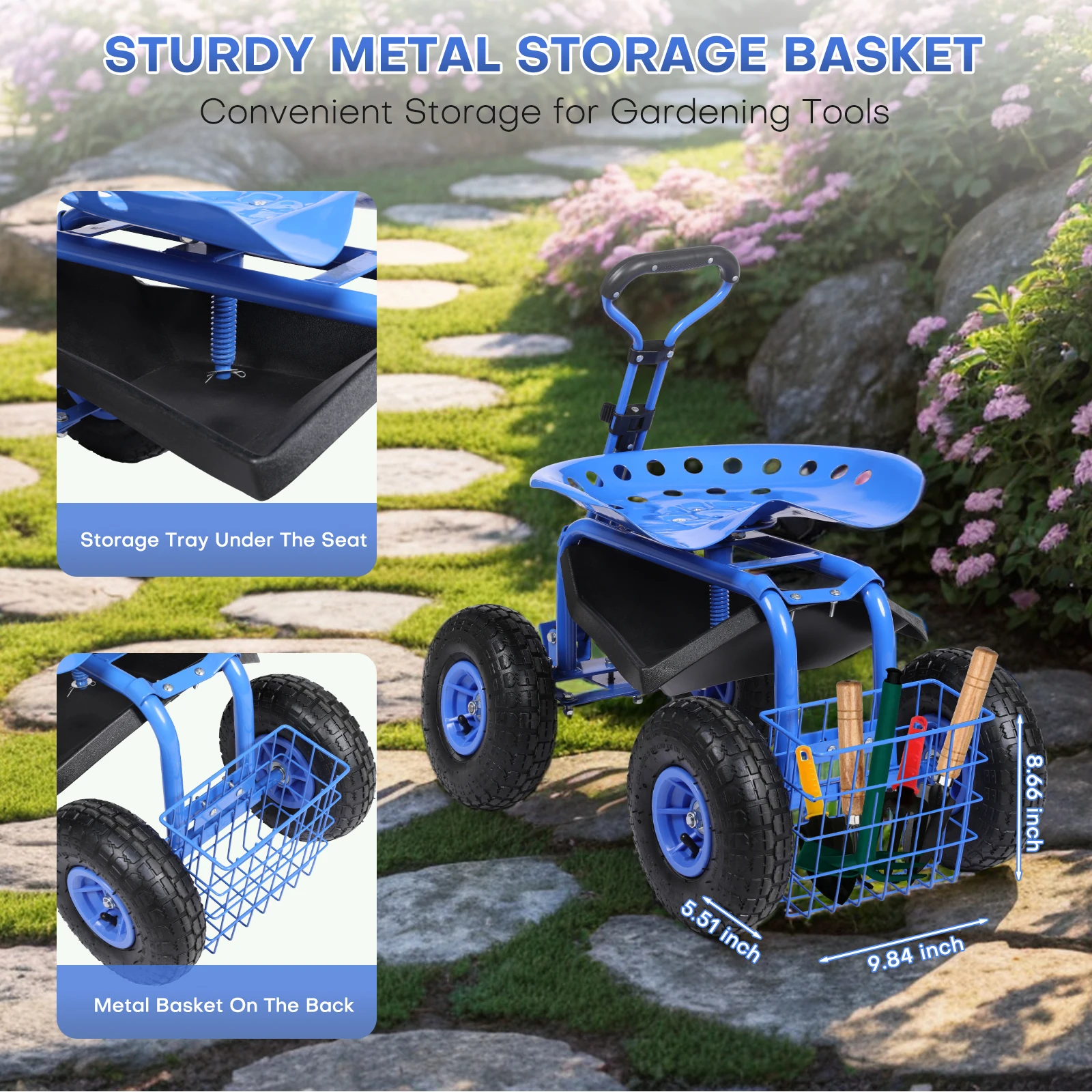 Roomark Rolling Garden Work Seat Wheels Garden Planting Stool 360&deg; Swivel Seat Scooter Steering Handle Tool Tray