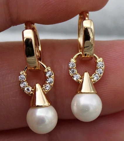 18K Yellow Gold Filled - Hollow Circle Pearl Topaz Zircon Hoop Noble Earrings