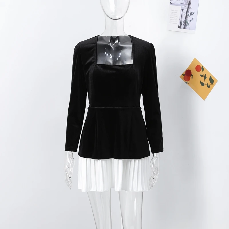 فستان نسائي بحاشية متباينة برقبة مربعة وأكمام طويل...