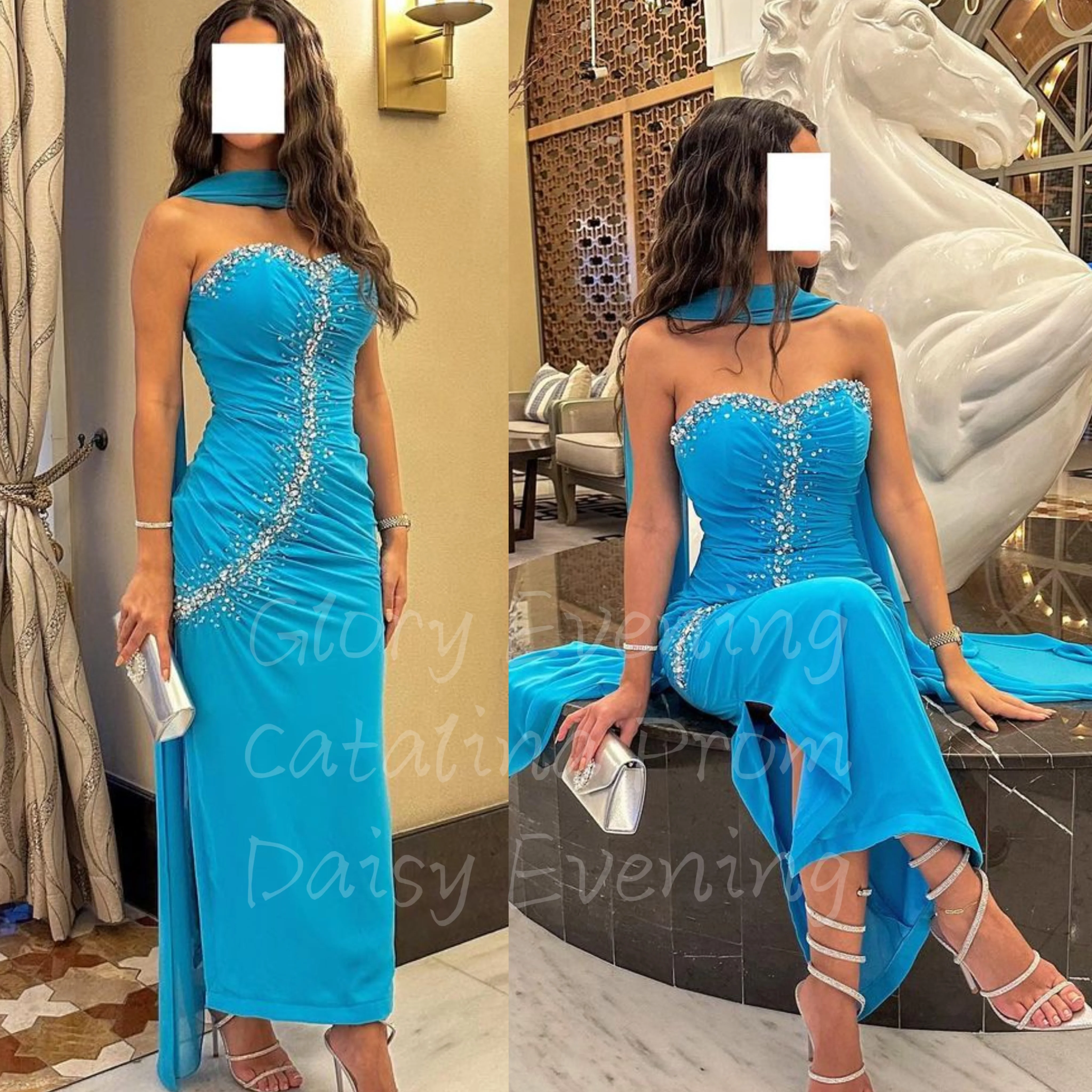 

Sky Blue Evening Dress For Women Party Sweetheart Prom Dresses gala Floor Length Beading Sleeveless Saudi Arabia Women's Formal