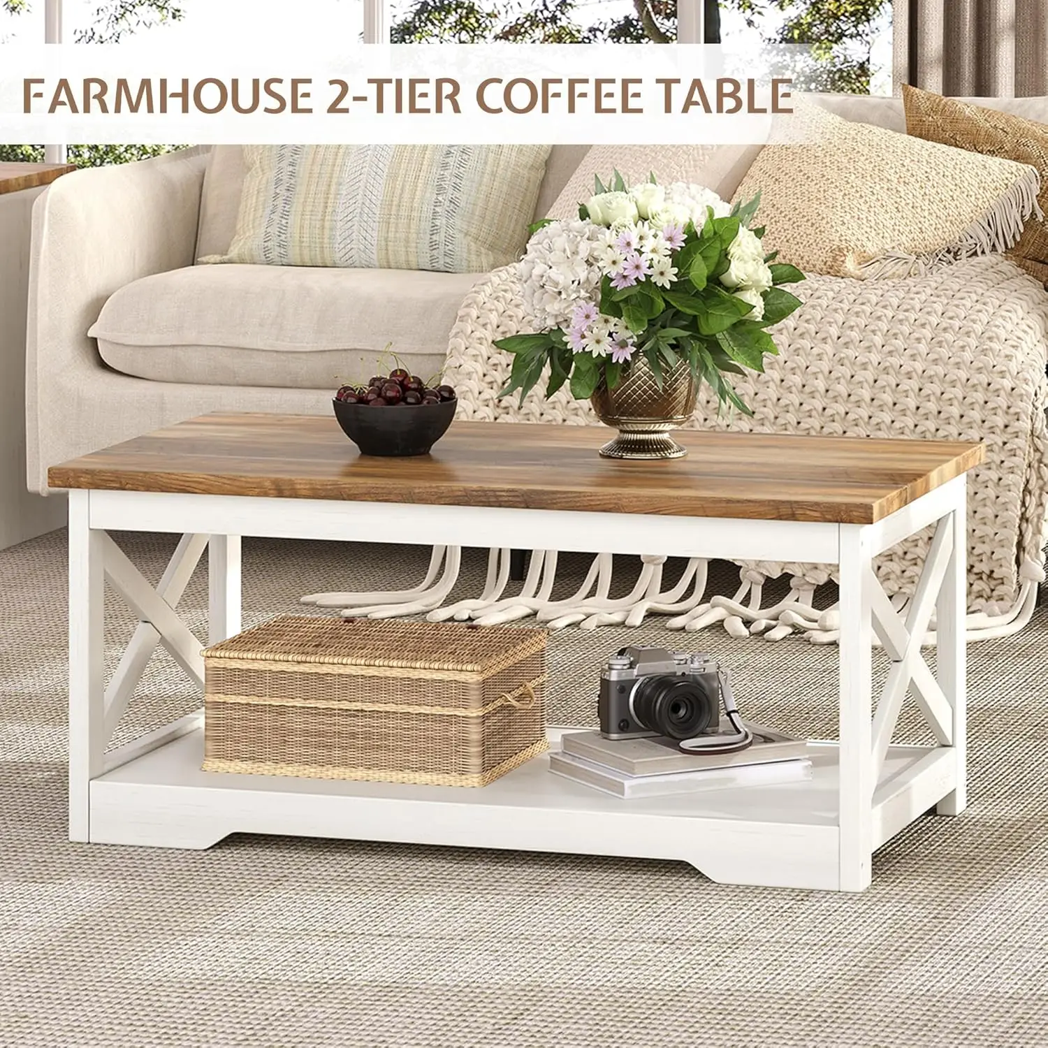3-Piece Farmhouse Living Room Table Sets, Includes 1 x Coffee Table, 2 x End Tables with Charging Station & USB, Customized
