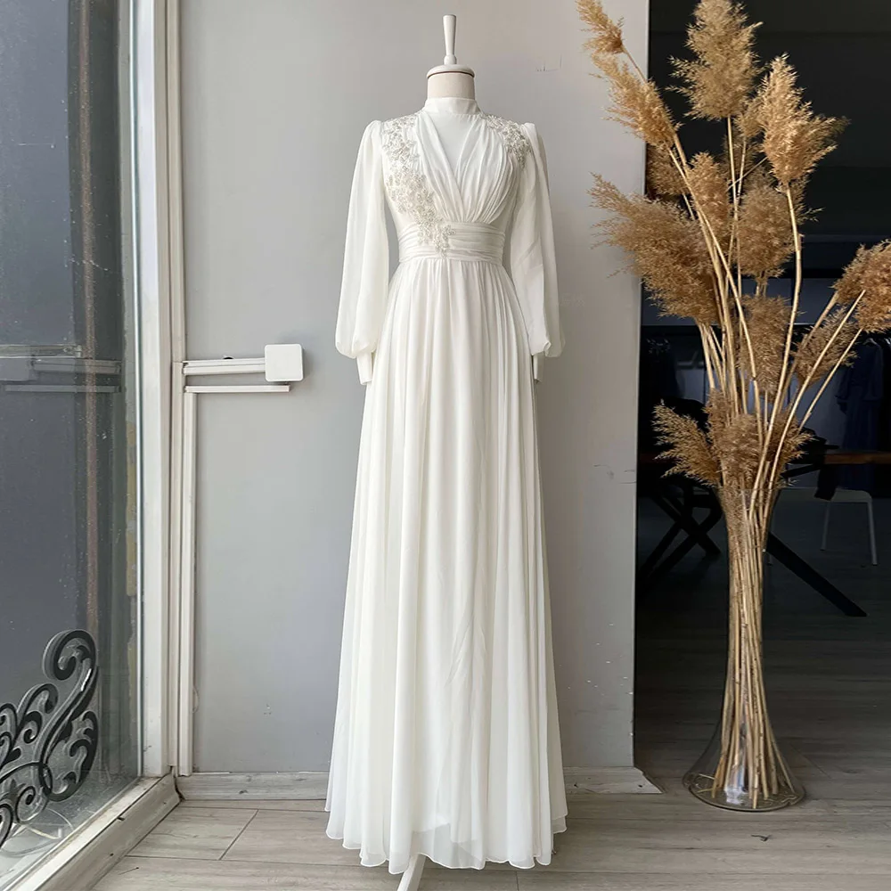 

Muslim Wedding Party Gowns 2022 Lace Applique Beaded Chiffon Long Wedding Dresses For Women Full Sleeve Elegant vestido de novia