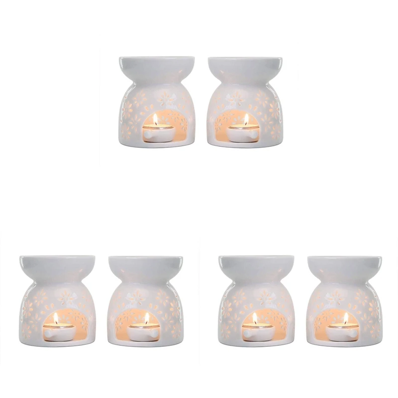 

Promotion! Ceramic Tealight Candle Holder Oil Burner, Essential Oil Incense Aroma Diffuser Furnace White Set Of 6 - Floral Patte