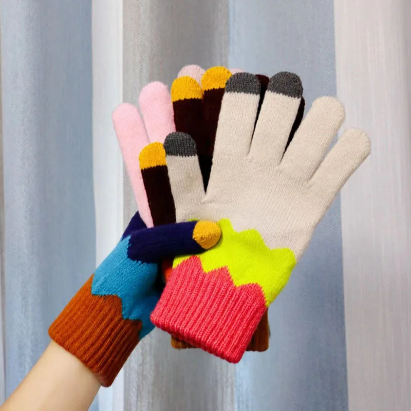 

Men Women Elastic Knitted Wrist Warm Touch Screen Glove Winter Cute Splice Color Full Finger Cycling Split Finger Mitten P65