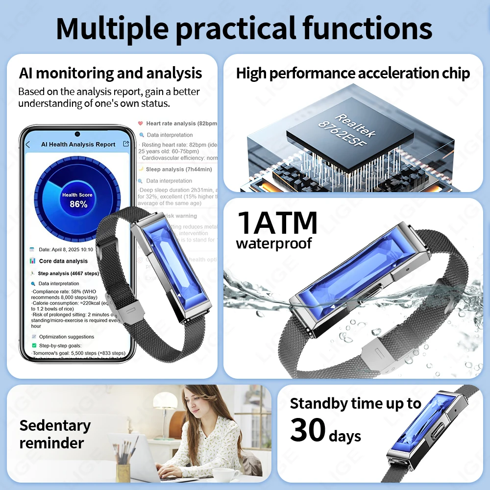 LIGE Smart Chain Bracelet For Women Bluetooth Connected APP Sports Heart Rate Blood Oxygen Sleep Monitor Ladies Smart Bracelet