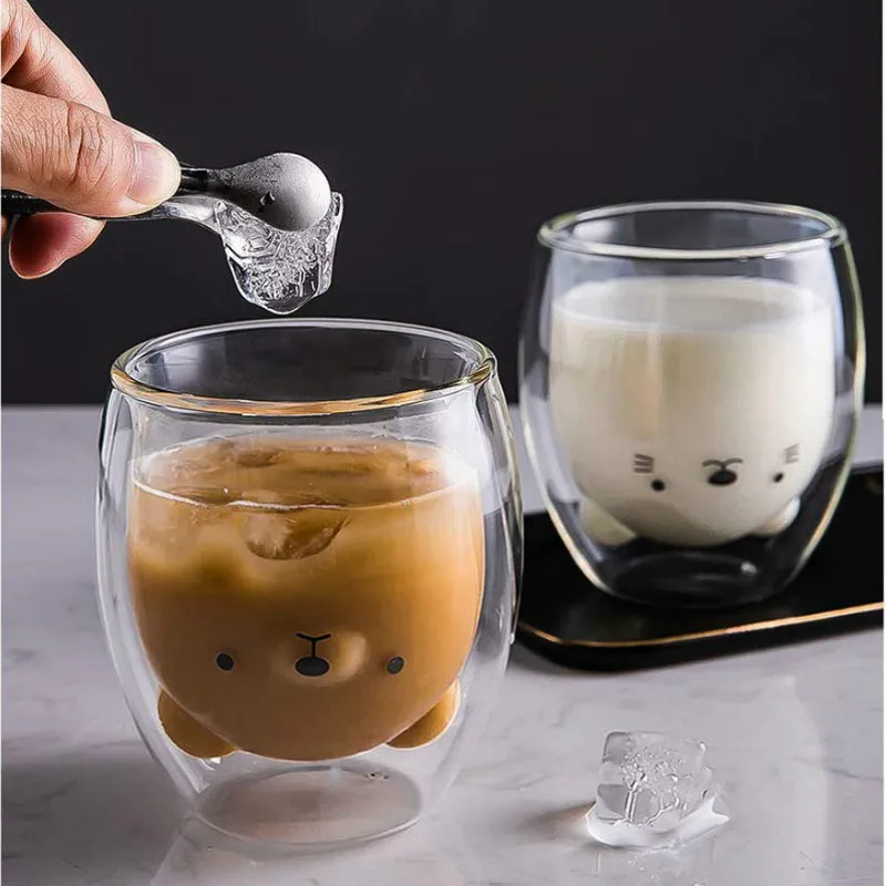 귀여운 곰 더블 레이어 커피 머그잔, 더블 유리 컵 카톤 동물 우유 유리, 귀여운 고양이 오리 강아지 선물, 크리스마스 선물