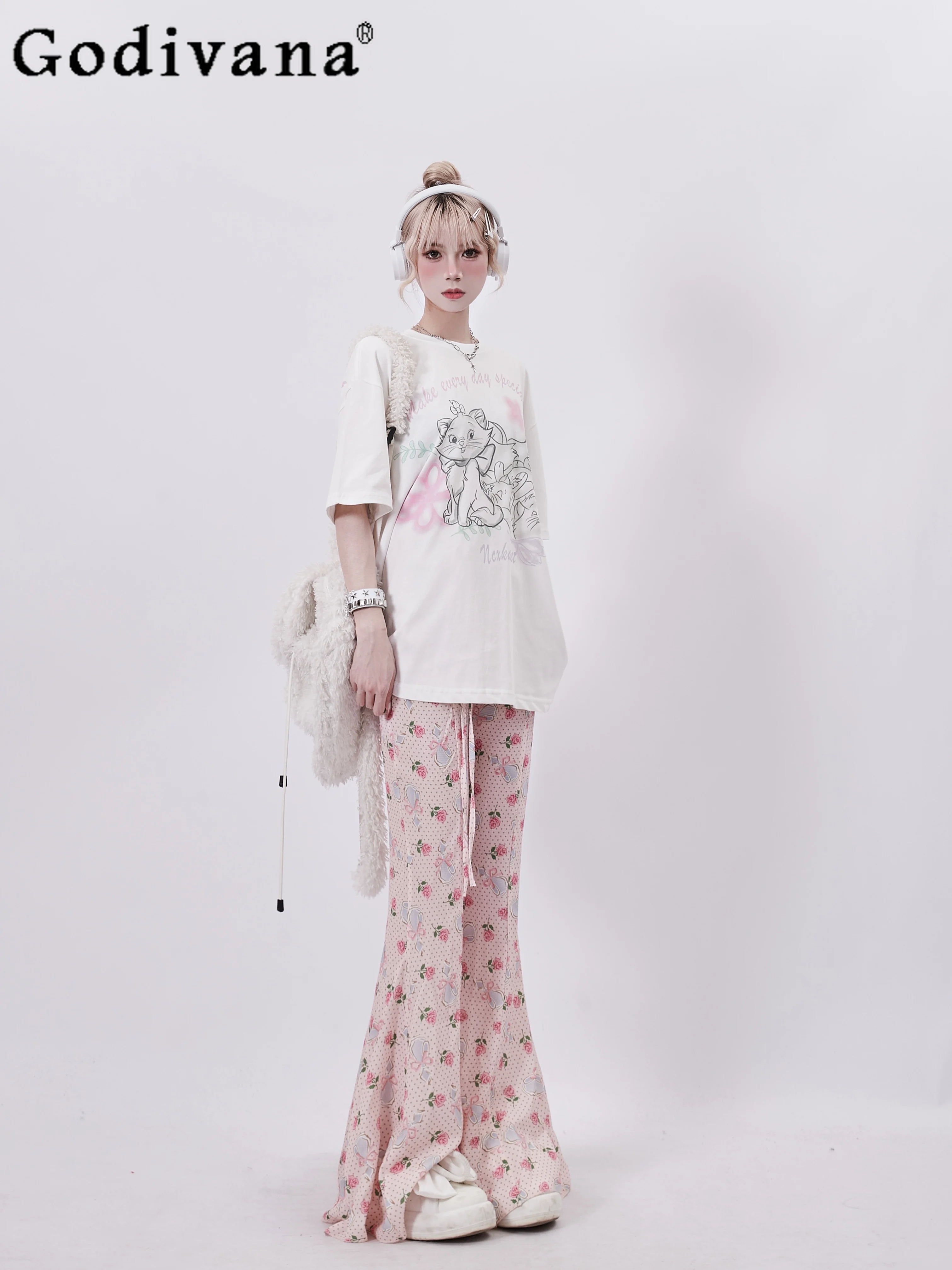 Korean Fashion Girly Sweet Y2k Casual Pants 2024 Summer New Printed Hollow Slim-Fit Sexy Elegant Flare Pants Women Trousers