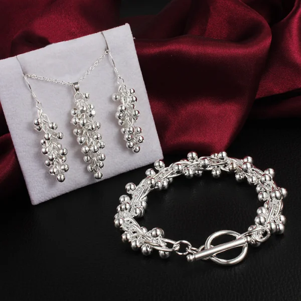 

Fashion 925 Sterling Silver Jewelry set earrings bracelet necklaces for women fine Grape beads pendant wedding party good gifts