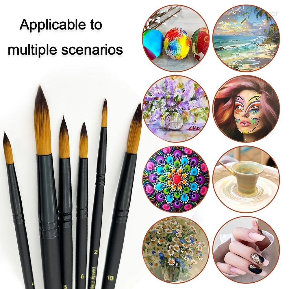 둥근 뾰족한 팁 페인트 브러쉬 세트, 아크릴 오일 수채화 구아슈 페인팅을 위한 6개 조각 아티스트 페인트 브러쉬, 프리미엄 나일론 헤어 A