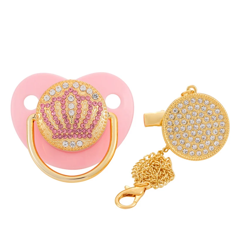 Bling Crown Pacifier with Pacifiers Chain Clip BPA Free Silicone Infant Nipple Dummy Soother New born Baby Boys Girls Gift 0-24M 2
