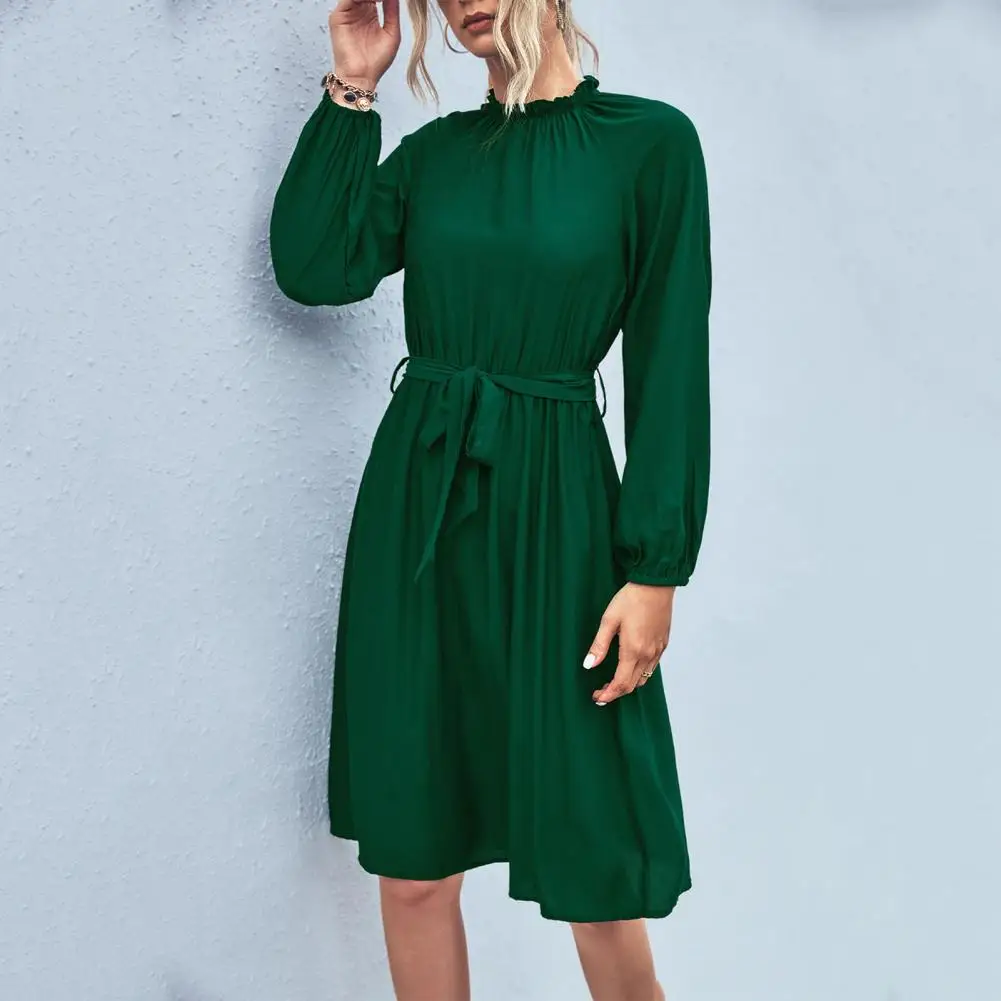 

Women Short Formal Dress Long Sleeve Solid Color Soft Breathable Non-Fading All-Match Cocktail Party Dress