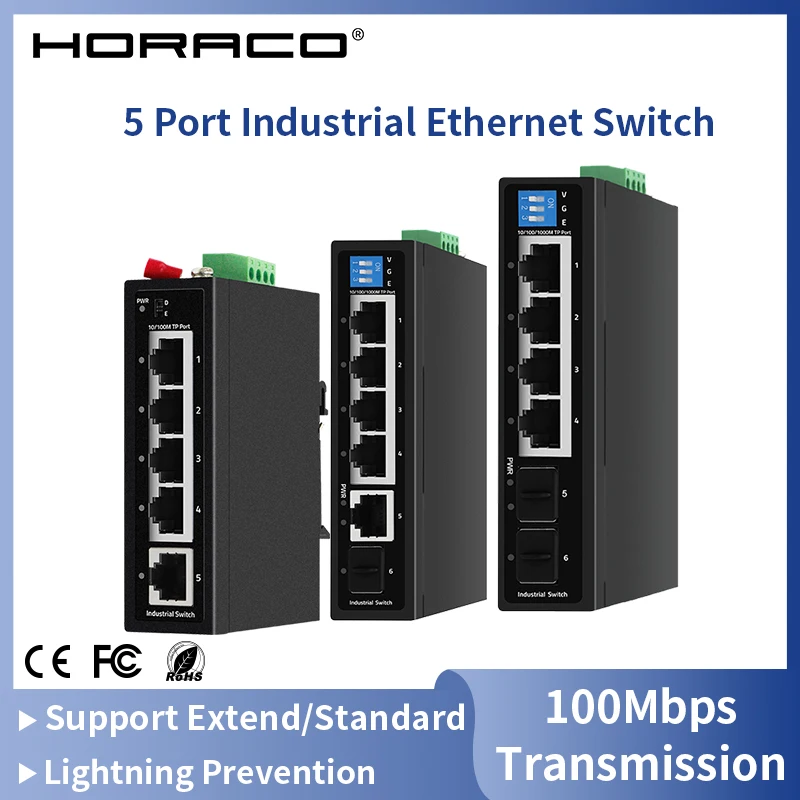 HORACO Industrial Gigabit POE Switch 5/6 Port 100/1000Base-T DIN IP30  Network Ethernet Switch Lightning Protection Max BT90W