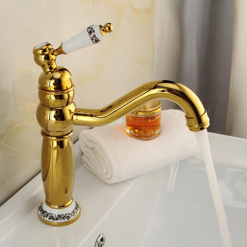 

Basin Faucets Golden finish European All Copper Faucet Hot And Cold Mixed Water Kitchen Faucet