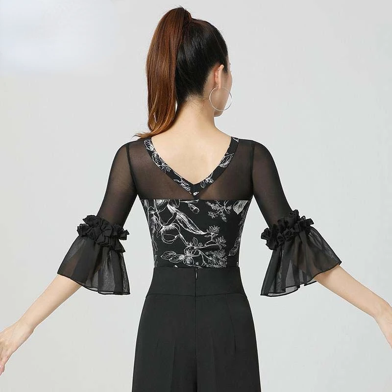

Modern Dance Top Female Backless Trumpet Sleeve Latin Dance Top Ballroom Dance Wear