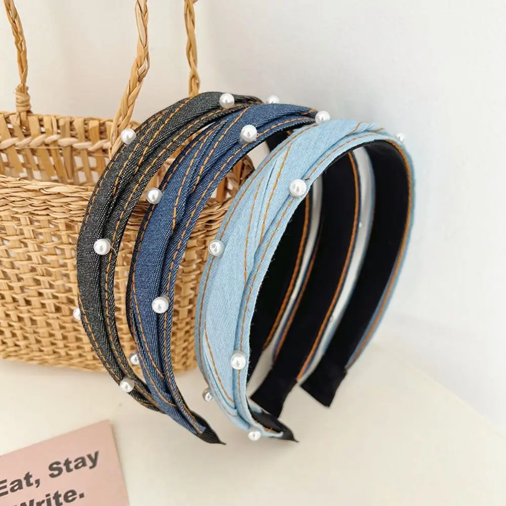 Resin Denim Faux Pearl Hairband Party Creative Headband Ladies Elegant Hair Accessories s 3xl 2023 new high waisted korean fashion baggy jeans wide leg jeans for women ladies vintage casual full length denim pants