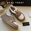 BEAUTODAY Furry Flats Women Cow Suede Round Toe Solid Color Hook & Loop Lace-Up 2023 Winter Ladies Warm Shoes Handmade 27843 1