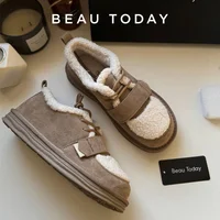 BEAUTODAY Furry Flats Women Cow Suede Round Toe Solid Color Hook & Loop Lace-Up 2023 Winter Ladies Warm Shoes Handmade 27843 1