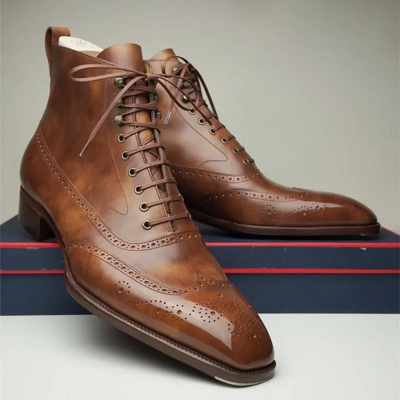 Brown Brogue Men Short Boots Lace-up Ankle Handmade Square Toe Motorcycle Boots leather boots mens leather boots motorcycle leather boots