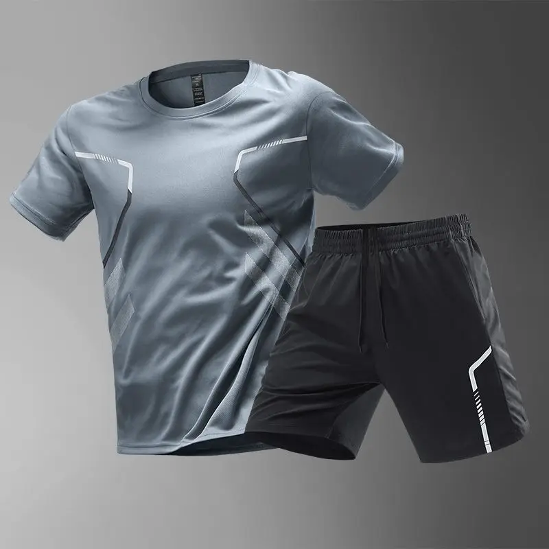 Summer Ice Silk Sports Men Sets New Quick Dry Breathable Gym Clothing Running Basketball Training Short Sleeve Tops Shorts Suit