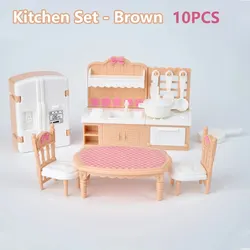 Charming Pink Miniature Dollhouse Kitchen Set - 10-Piece Kids Toy Collection (Brown-Kitchen)
