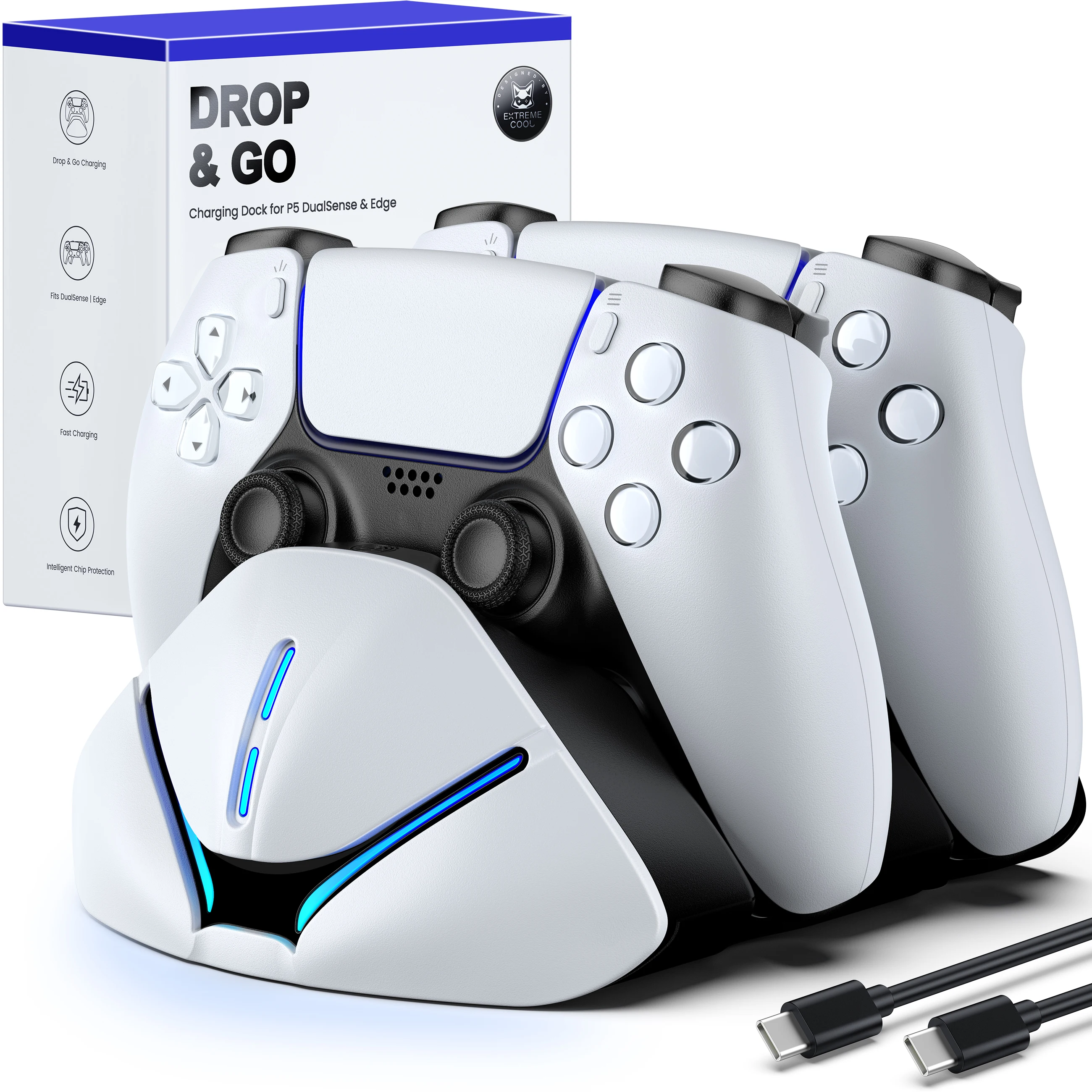BEBONCOOL FC600 PS5용 드롭앤차지 스테이션, 2개 컨트롤러용 듀얼 고속 충전기, Edge 2H/Standard 3H, Type-C, LED, 게임용 스탠드