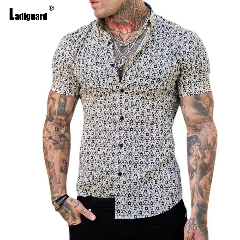 

Ladiguard 2023 European Style Fashion Skinny Tops Short Sleeve Men Elegant 3D Print Blouse Latest Summer Casual Shirt blusas