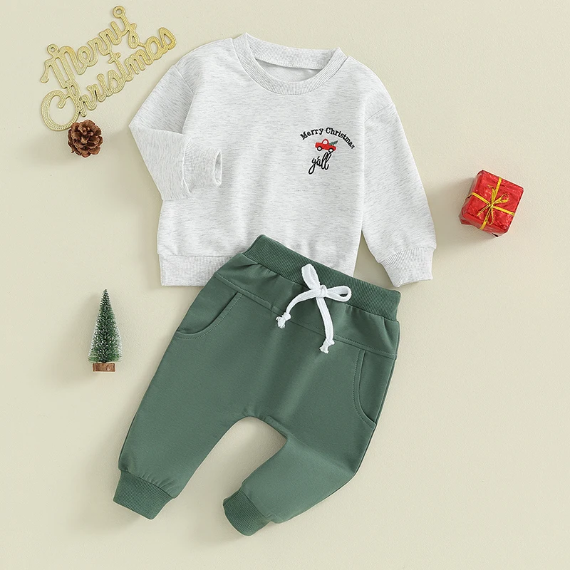 Toddler Boys Christmas Outfits Letter Truck Pattern Long Sleeve Sweatshirts and Solid Color Long Pants 2Pcs Clothes Set