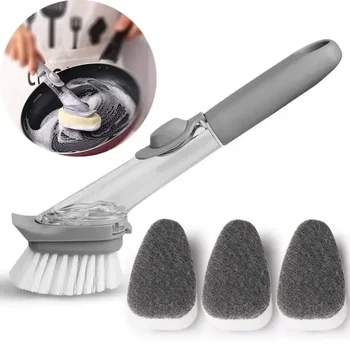 Refillable Liquid Cleaning Brush Kitchen Bowl Scrubber Cleaning Sponge Long Handle Dispenser Cleaner Tool with Dish Soap Washing 1
