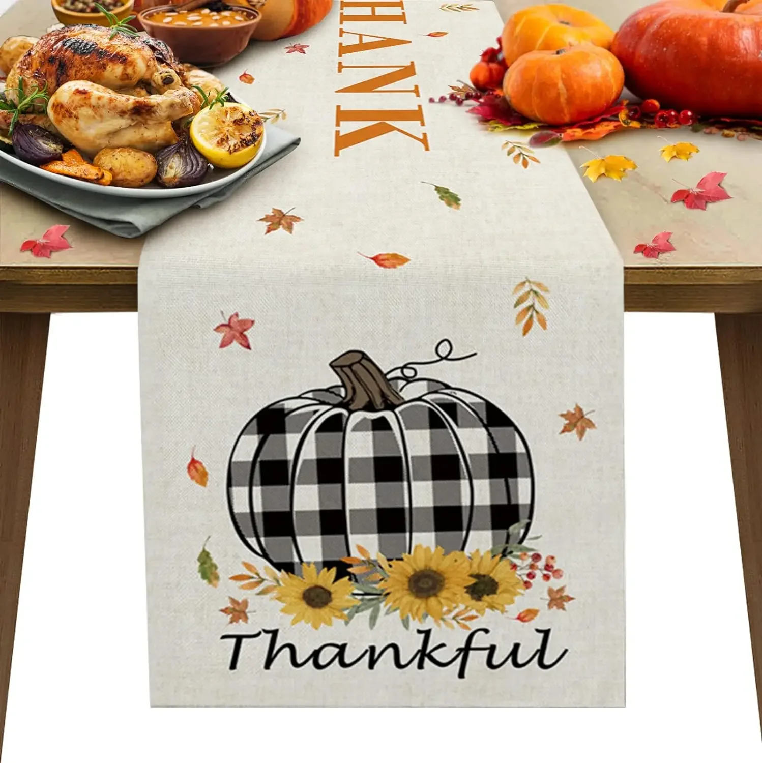 Description Picture 6 of itemAutumn Pumpkin Maple Leaf Linen Table Runner Washable Fall Thanksgiving Table Runners Holiday Kitchen Party Dining Table Decor