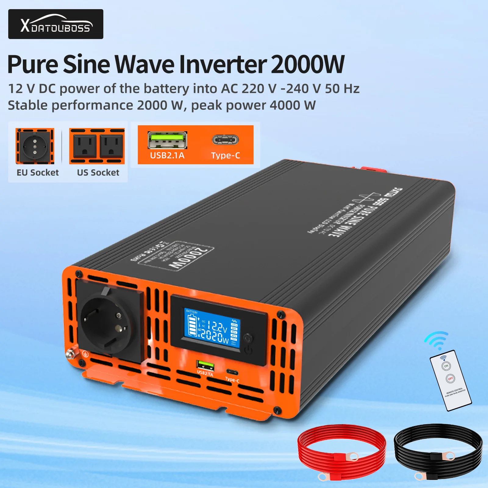 

DATOUBOSS EU Standard Pure Sine Wave Inverter DC 12V 24V 36V 48V 60V to AC 110V-220V Continuous Power 2000W Peak Power 4000W