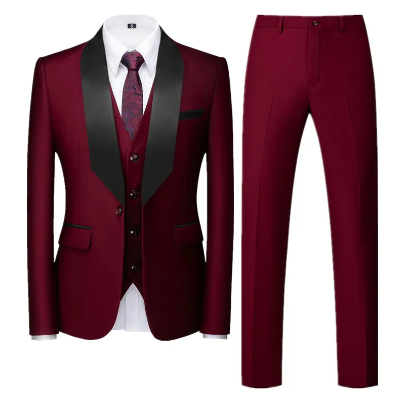Men Pure Colour Formal Wedding Suit 3 Piece Black / Blue / Dark Grey Fashion Simple Male Business Social Tuxedo Dress Set