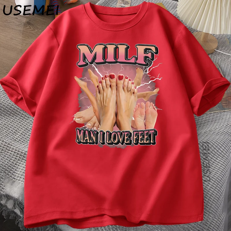 Men's Adult Humor Graphic T-Shirt - MILF Man I Love Feet - Funny Gag Tee, Round Neck, Short Sleeve, Casual Loose Streetwear