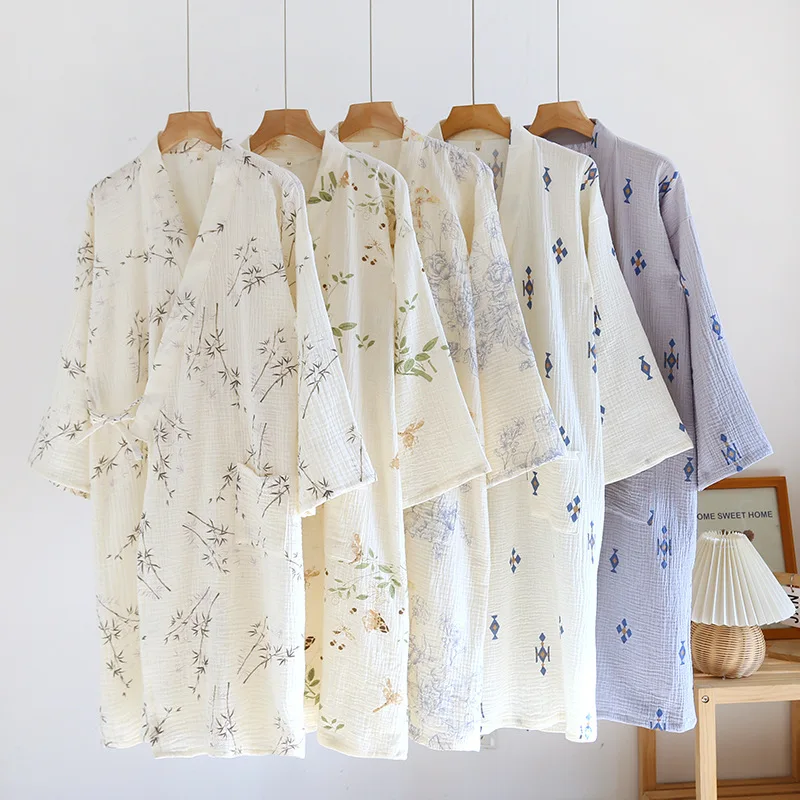 Cotton Kimono Nightgown Robes for Women's Spring and Autumn Long Sleeve Cardigan Thin Bathrobe Pajamas Home Wear Clothes