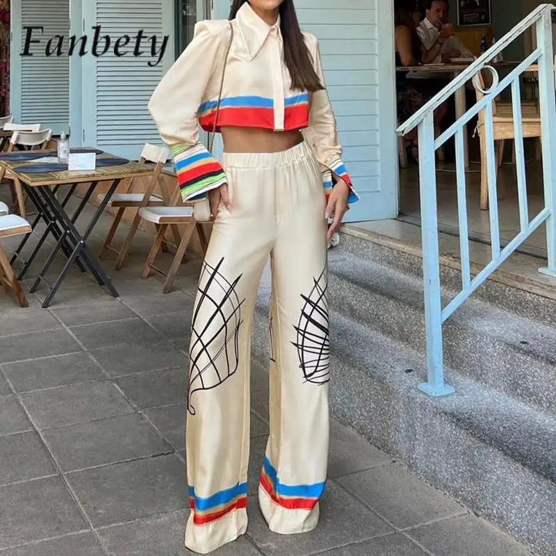 

Retro Printed Lapel Splicing Two-Piece Set Women Fashion Satin Commuter Set Elegant Long Sleeve Shirt Top And Straight Pants Set