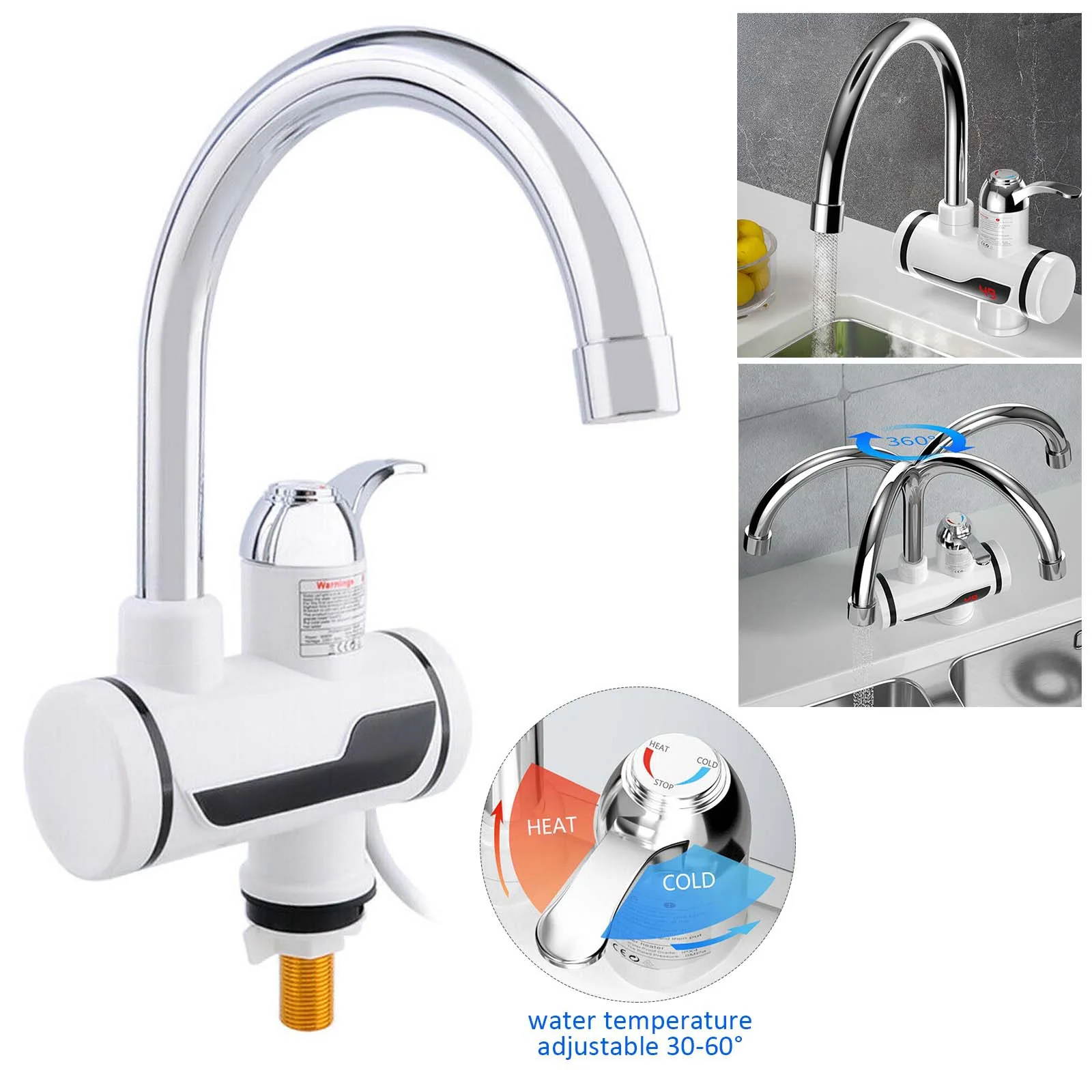 

Stainless Steel Electric 360 Degree Rotation LED Fast Instant Faucet Tap Cold Hot Water Heater Safe Kitchen Under Inflow Sliver