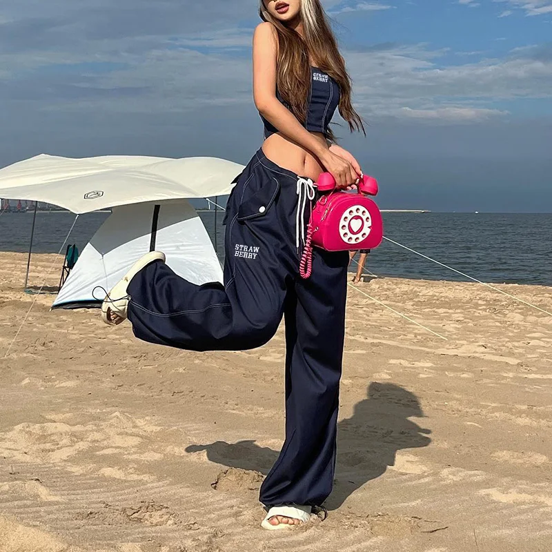 

Lygens Causal Fashion Pocket High Waist Letter Loose Pants Streetwear Wide Leegings Daily Vacation Cargo Pants Wommen Wholesale