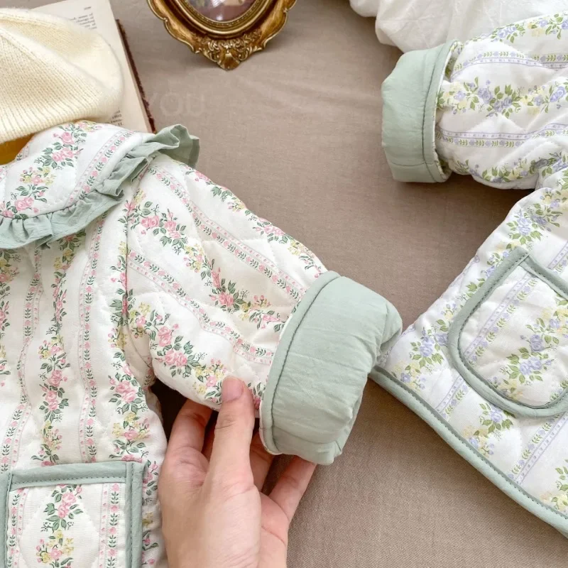 Winter New Kids Baby Girls Cute Top Clothes Infant Peter Pan Collar Thick Plush Jackets Toddler Floral Autumn Outdoor Cardigan